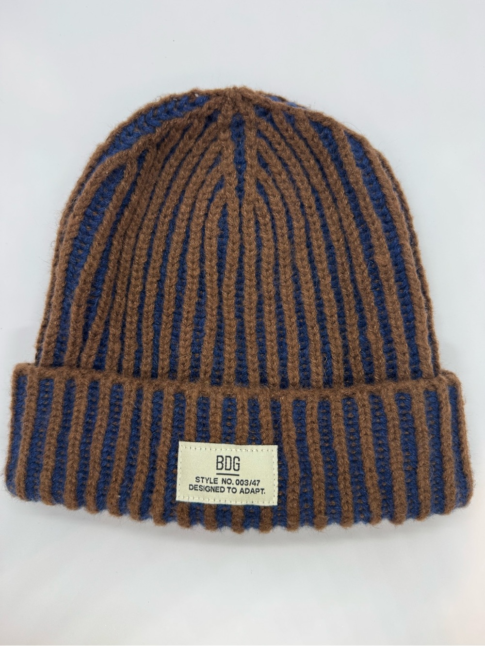BDG Urban Outfitters Brown Navy Striped Ribbed Adjustable Cuff Beanie OS